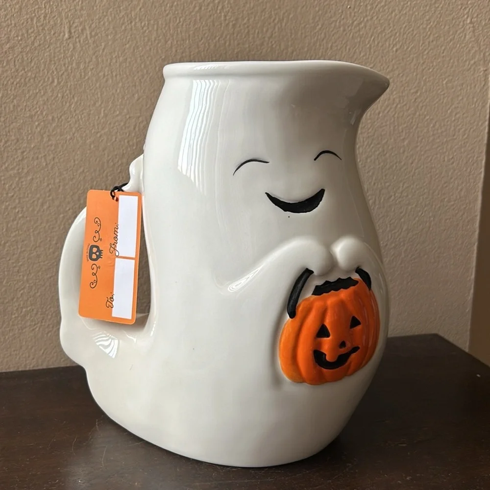 Trick Or Treat Ghost Pumpkin Ceramic Pitcher Halloween New Hand Painted 9”